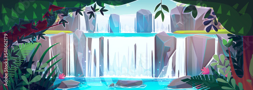 Fantasy landscape with cascade waterfall and beautiful tropical plants. Vector cartoon illustration of water flowing and falling from rocky mountain into river with stones. Adventure game background