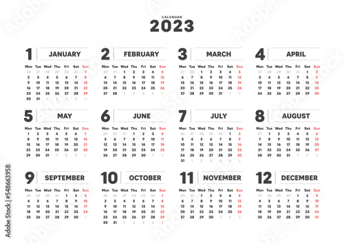 2023年のシンプルな年間カレンダー - 月曜始まり･12ヶ月･1年分の暦 - A4比率 