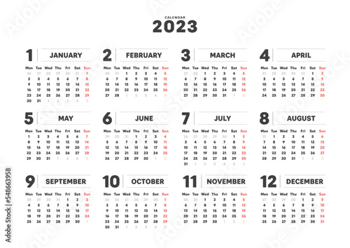 2023年のシンプルな年間カレンダー - 月曜始まり･12ヶ月･1年分の暦 - A4比率
