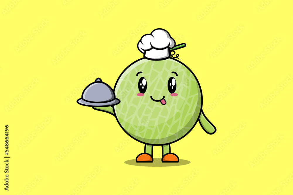 Cute Cartoon chef Melon mascot character serving food on tray cute style design illustration