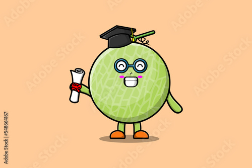 Cute cartoon Melon student character on graduation day with toga in concept flat cartoon style