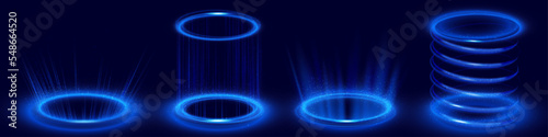 Hologram effect of circle digital portals with blue neon light. Futuristic podiums, teleport platforms with glow and sparkles isolated on black background, vector realistic set