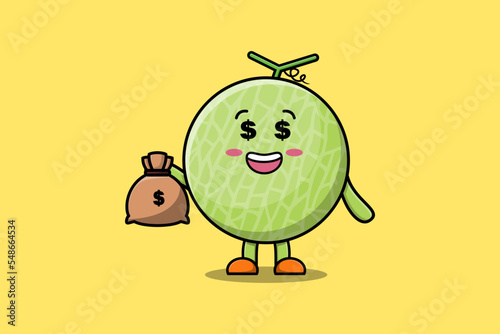 Cute cartoon Crazy rich Melon with money bag shaped funny in modern design illustration