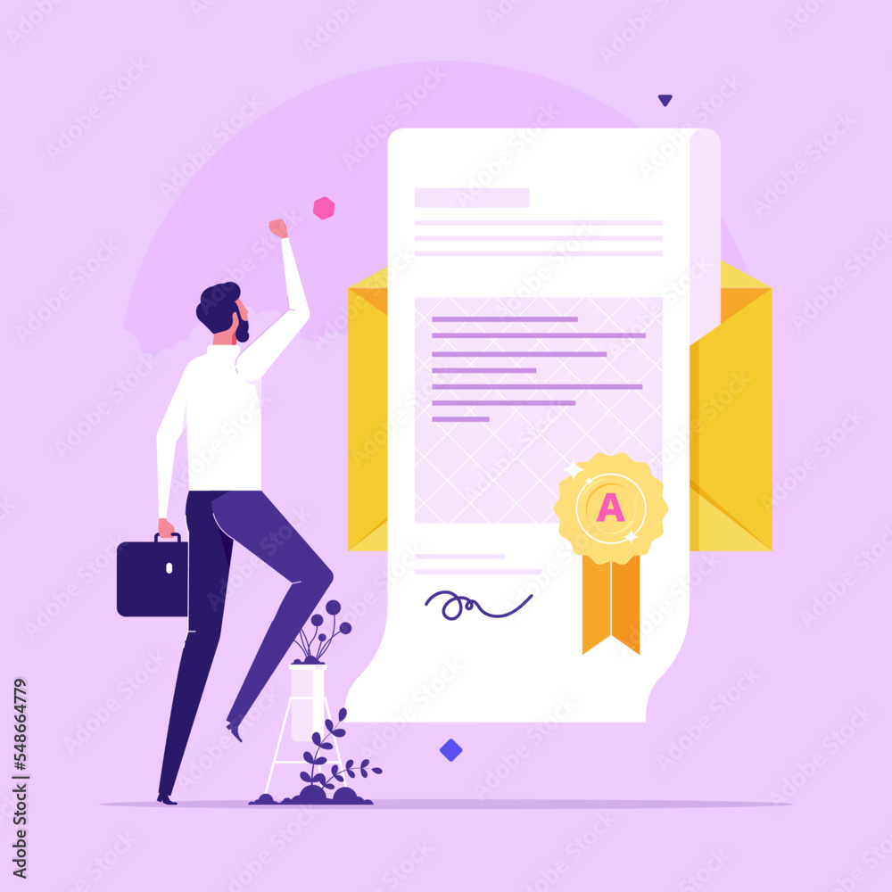 Man and document with wafer seal and ribbon. Diploma or certificate of honor, merit, appreciation, excellence, award, recognition, achievement or graduation, flat vector illustration Man and document with wafer seal and ribbon. Diploma or certificate of honor, merit, appreciation, excellence, award, recognition, achievement or graduation, flat vector illustration