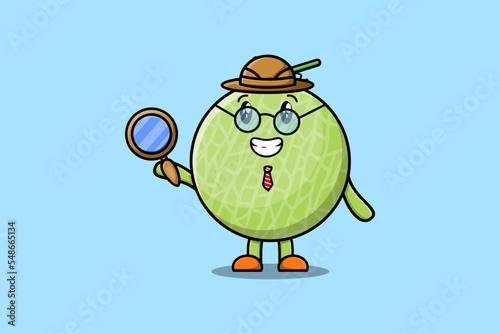 Cute cartoon character Melon detective is searching with magnifying glass   