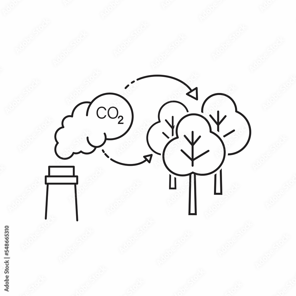 trees capture co2 emission icon, natural cleaning polluted air, forest filter carbon, reduce pollution, thin line symbol on white background trees capture co2 emission icon, natural cleaning polluted air, forest filter carbon, reduce pollution, thin line symbol on white background