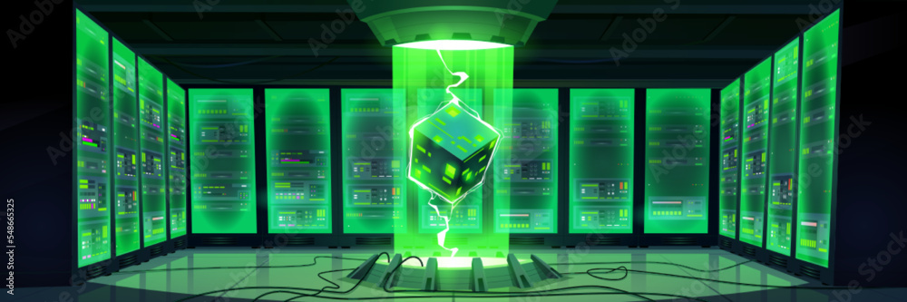 Vetor de Futuristic data center interior or server room with hardware ...