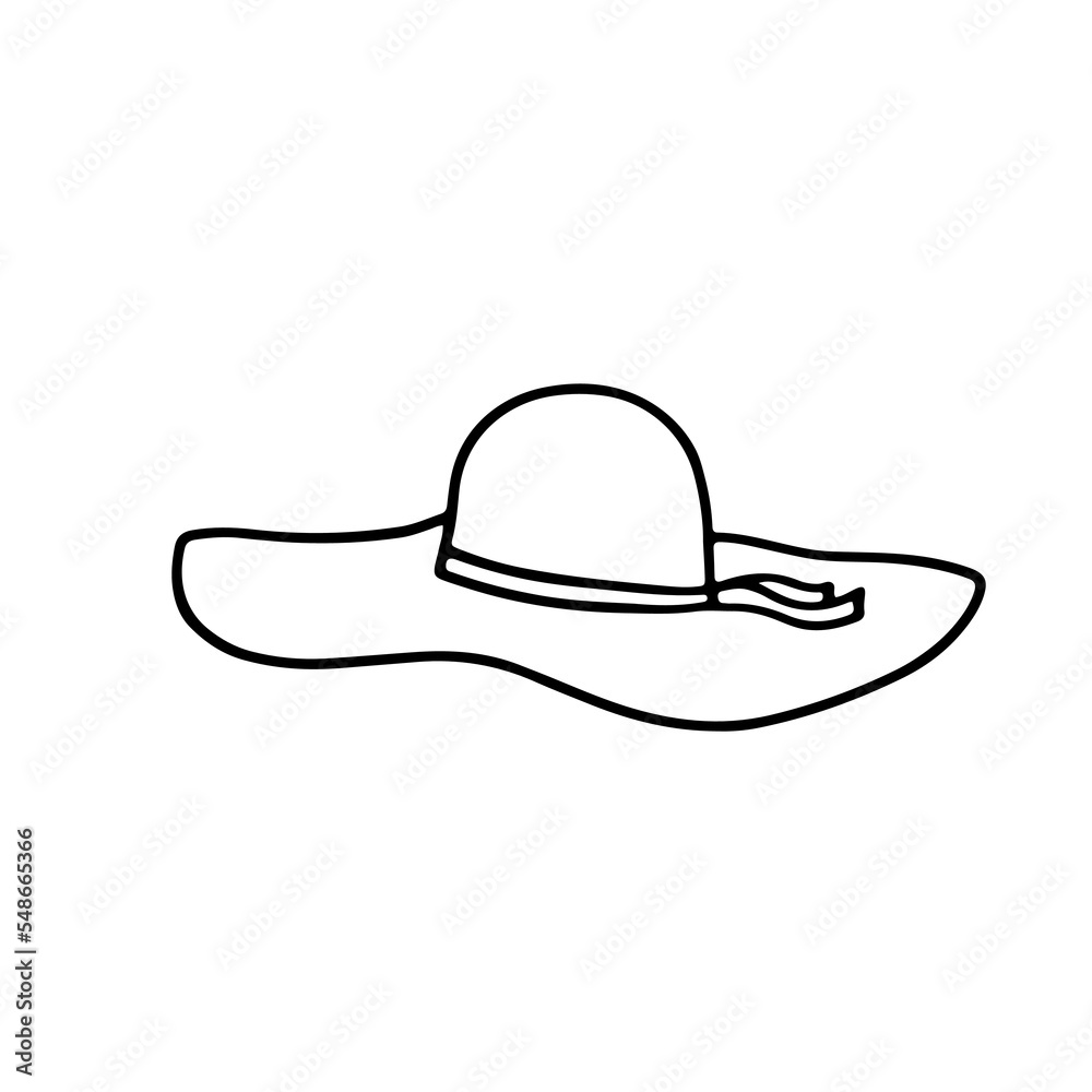 Women summer line doodle hat. Female sun protected hat with bow-knot. Minimalist black linear design isolated on white background. Vector outline illustration Women summer line doodle hat. Female sun protected hat with bow-knot. Minimalist black linear design isolated on white background. Vector outline illustration