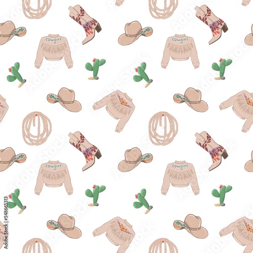 seamless pattern cowboy jacket cactus boots hat in beige tones on a white background