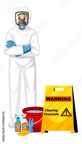 Man in protective hazmat suit with warning cleaning chemicals sign