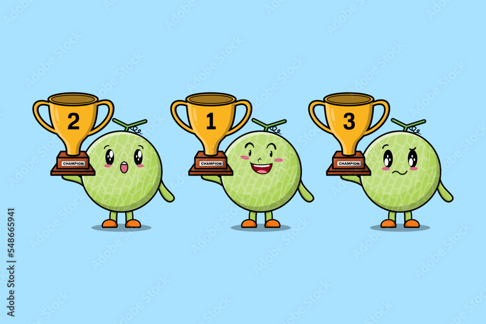 Obraz premium Set of cute cartoon Melon holding trophy with happy expression in 3d modern style design