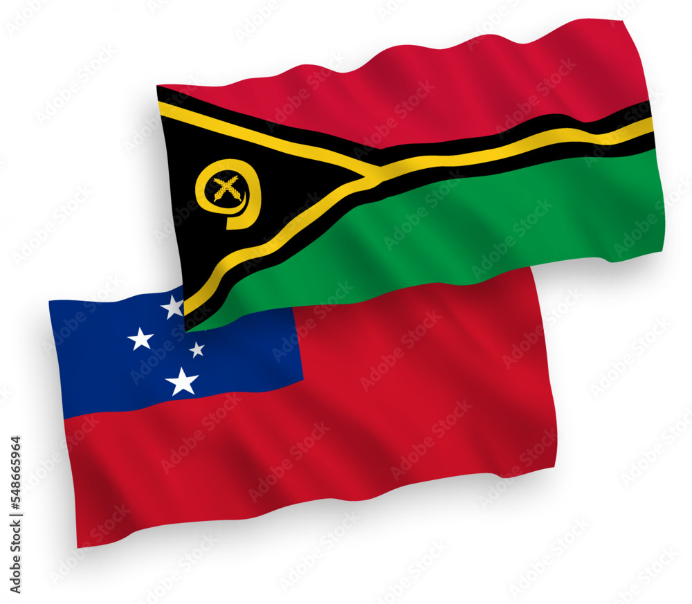 National vector fabric wave flags of Independent State of Samoa and Republic of Vanuatu isolated on white background. 1 to 2 proportion. National vector fabric wave flags of Independent State of Samoa and Republic of Vanuatu isolated on white background. 1 to 2 proportion.