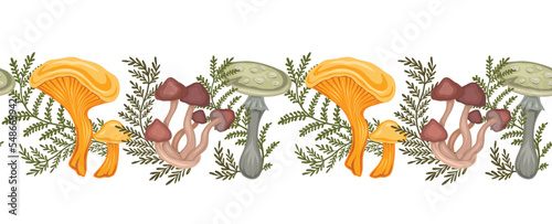 Seamless border with colorful cartoon poisonous mushrooms and fern stems isolated from background. Amanita  false mushrooms and herbals.