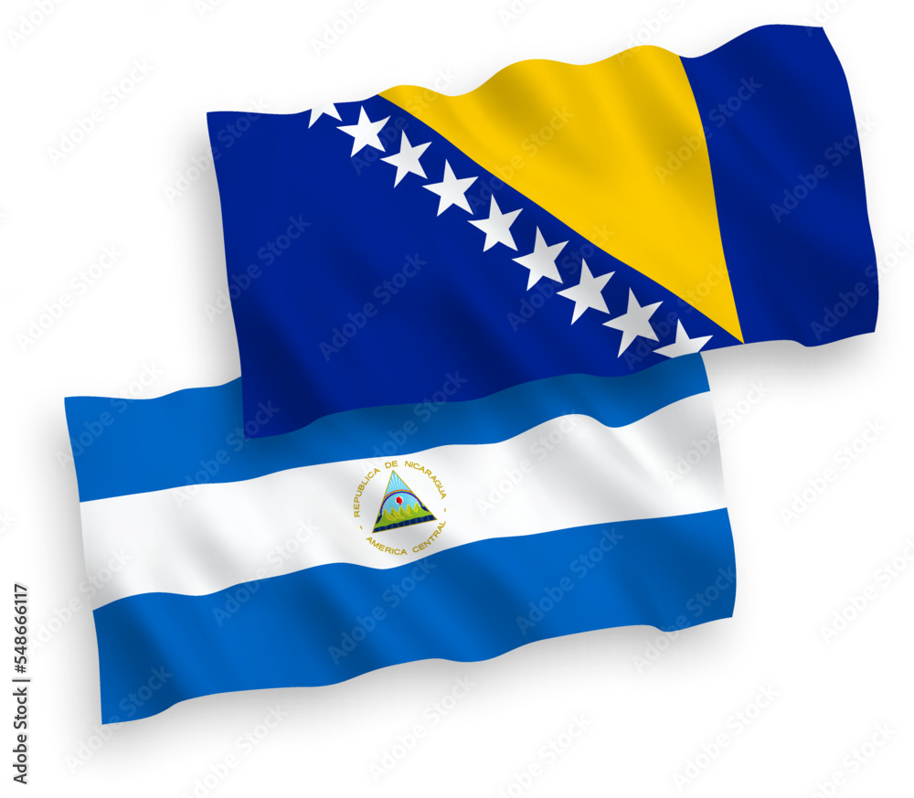 National vector fabric wave flags of Nicaragua and Bosnia and Herzegovina isolated on white background. 1 to 2 proportion. National vector fabric wave flags of Nicaragua and Bosnia and Herzegovina isolated on white background. 1 to 2 proportion.