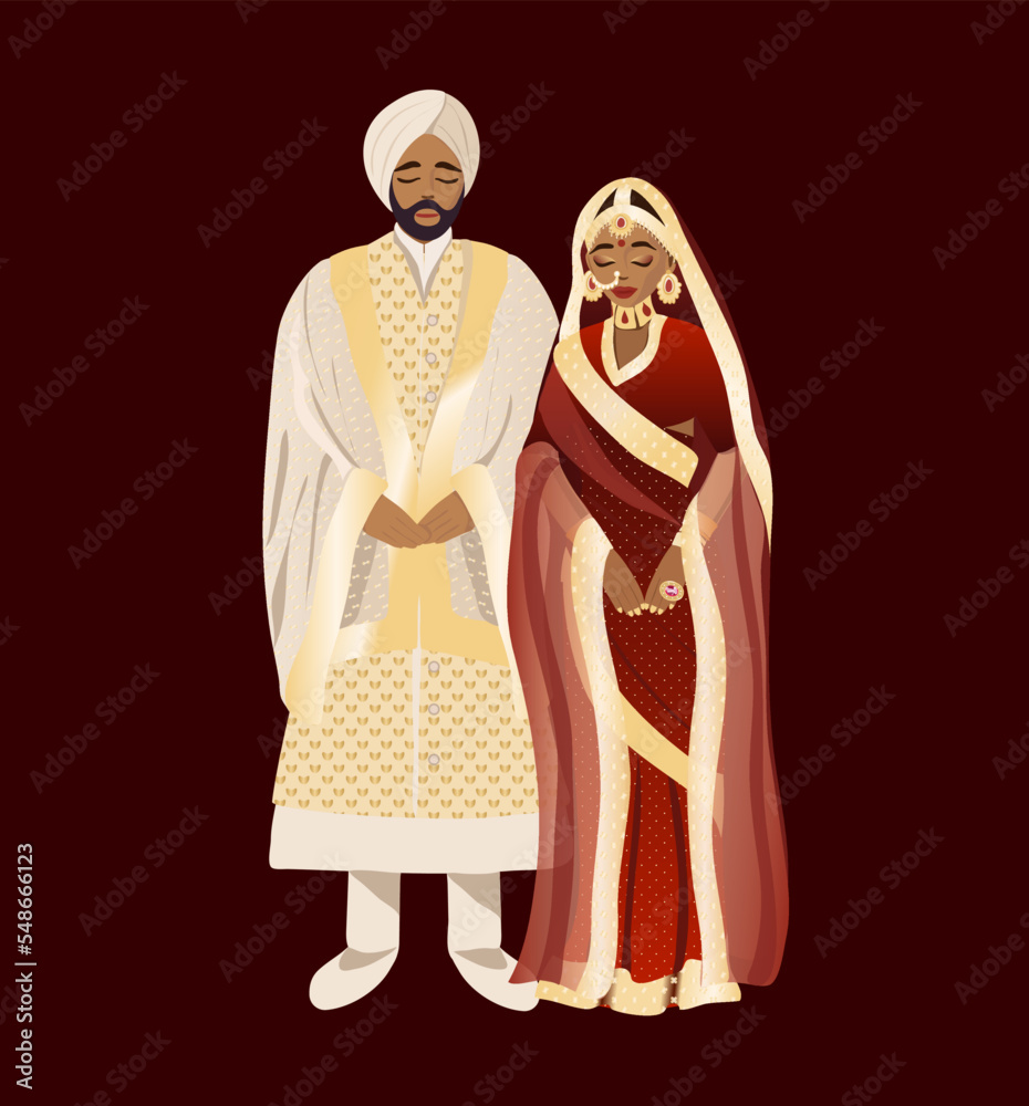 Indian Wedding Invitation Card Design. Couple in traditional indian dress cartoon character, vector illustration.