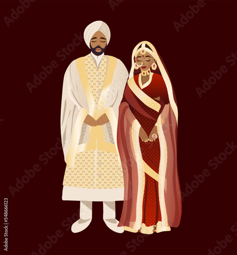 Indian Wedding Invitation Card Design. Couple in traditional indian dress cartoon character, vector illustration.