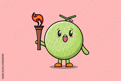 Illustration of cute Melon cartoon character holding fire torch in flat modern design