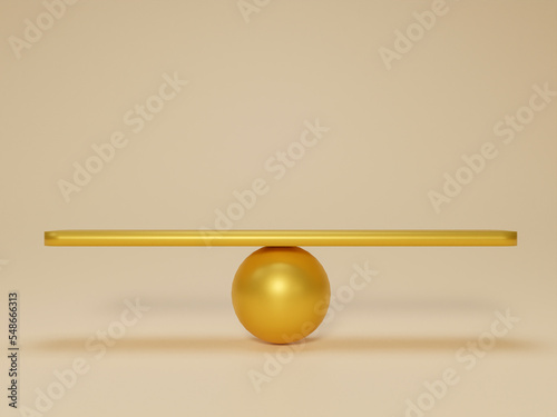 3D see saw balance isolated on gold background. The seesaw has a pivot point in the middle of the board. Business finance concept. Stability, equal, Scale, justice, compare, copy space, 3D Rendering. 