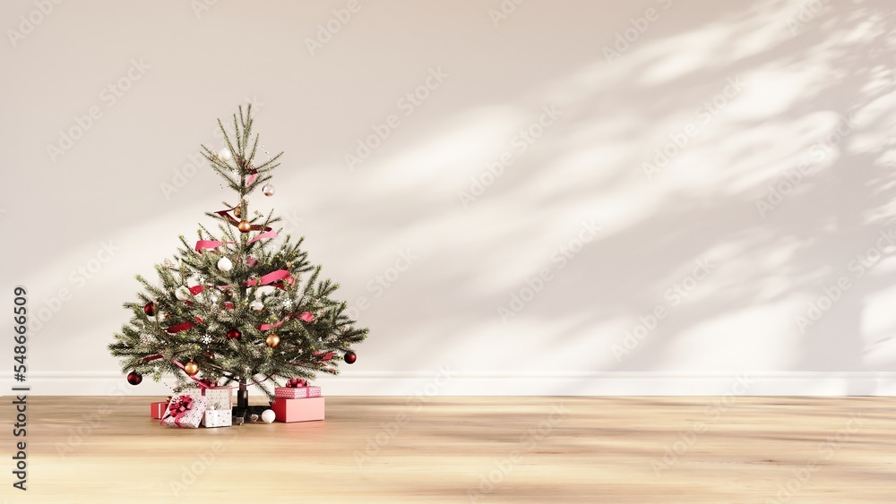 Christmas tree with decoration set in empty room White wall , wooden floor with Dappled sun Light for copy space. 3D Render
Christmas tree with decoration set in empty room White wall , wooden floor with Dappled sun Light for copy space. 3D Render