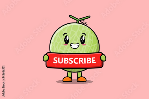 Cute cartoon Melon character holding red subscribe board