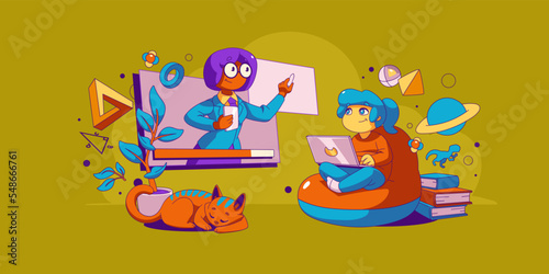 Kid online education  virtual school concept with little child student listen lesson on computer screen with teacher explain information remotely. Home schooling linear cartoon vector illustration
