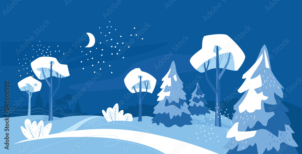 Night winter landscape. Snow forest. Christmas trees and trees in the snow. Background. Vector image.