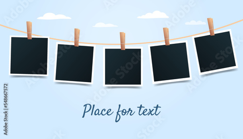 Blank set photo picture frames on blue sky background. Retro snapshots, instant photos mockup hanging on a thread. Banner with place for text. Photo template. Vector illustration