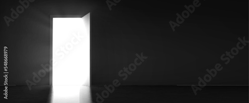 Open door with light glow  discovery  opportunity  exit concept with white sunlight shine from doorway in dark room with rays or mysterious radiance inviting to enter  Realistic 3d vector illustration