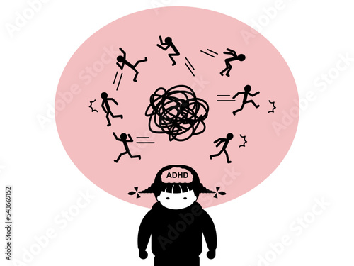 ADHD kid with emotion in her mine, flat vector illustration.