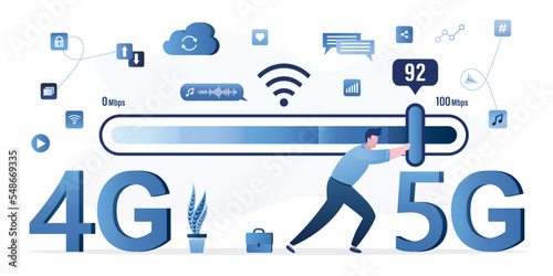 User speeds up wireless internet. Switching from 4g to 5g technology. Technician worker move slider on measuring scale. Wi-fi signal quality improvements, optimization. photo