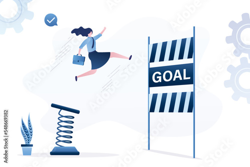 Businesswoman jumping over barrier with help of steel spring. Confident entrepreneur cross over business crisis valley. Way forward overcoming obstacles concept. Achieving success, goals.