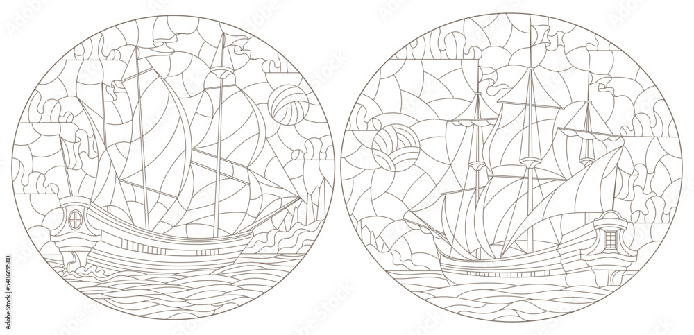 A set of contour illustrations of stained glass Windows with old sailing ships, dark contours on a white background