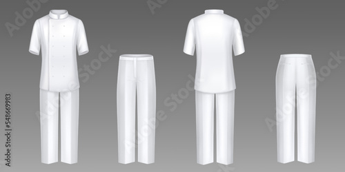 Chef clothes, white jacket and pants, cook uniform, shirt and trousers front and rear view. Isolated restaurant staff suit mock up, formal wear, apparel, clothing, Realistic 3d vector illustration photo
