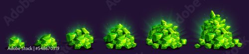 Game treasure icons, piles of emerald crystals. Shiny cut green gemstones in heaps different size. Luxury trophy, wealth, bonus symbol, vector cartoon illustration