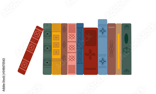 Collection of vertical standing books in colored vintage covers. Pile of different literature. Time to reading concept. Hand drawn vector illustration isolated on white background. Flat style. photo