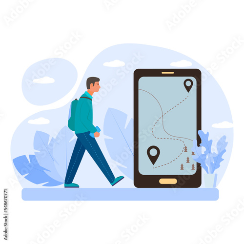 Tourism and hiking adventure concept. Vector flat people illustration. Man tourist hold smartphone in hand. Map with direction on phone screen. Design for nature park trekking journey. 