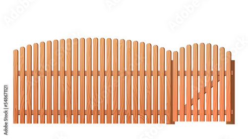 New unpainted wooden fence made of boards and picket fence. Isolated on white background Vector.