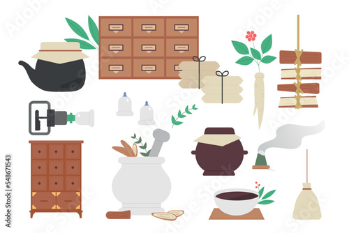 Tools and medical supplies for oriental medicine making. flat vector illustration. photo