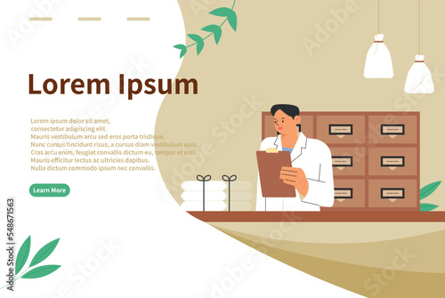 Clinic website. An oriental doctor is checking medicines in front of a chest of drawers. photo