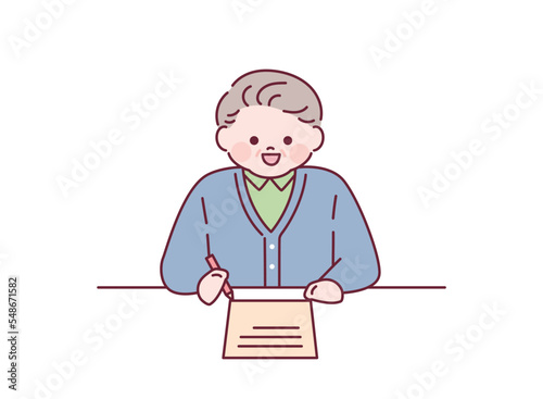 An old man is writing on paper. outline simple vector illustration.