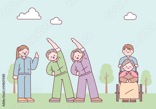 Grandfather and grandmother are enjoying healthy old age. A person doing gymnastics and a person resting in a wheelchair. outline simple vector illustration.