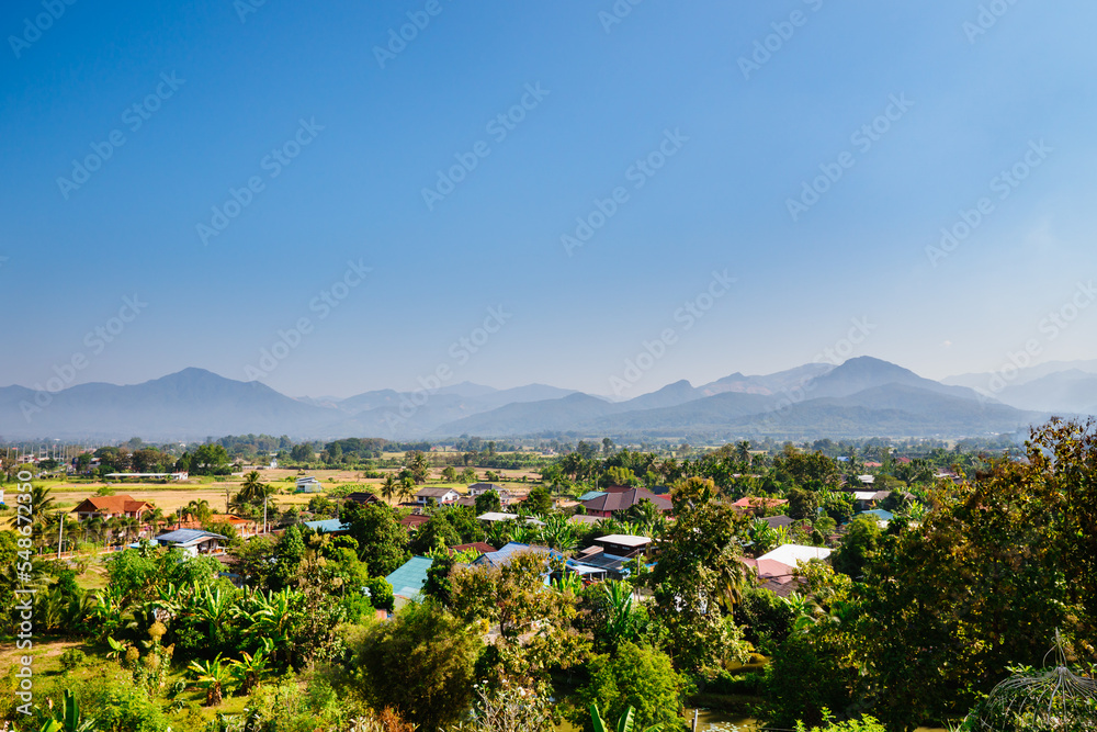 The beautiful scenery in the countryside on the mountain and blue sky background at Pua District