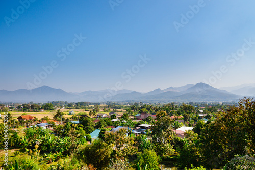 The beautiful scenery in the countryside on the mountain and blue sky background at Pua District