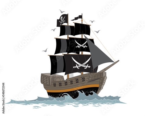 Fototapeta Historical Pirate ship on the sea under black sails and a pirate flag