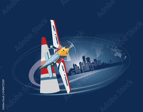 Banked Sports plane performs a turn against the background of a city in an air race (ID: 548672569)