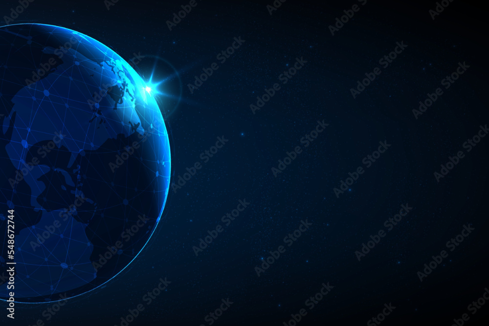 Fototapeta premium earth planet with network connection and light flare in space, vector illustration