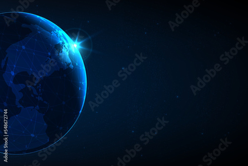 earth planet with network connection and light flare in space, vector illustration