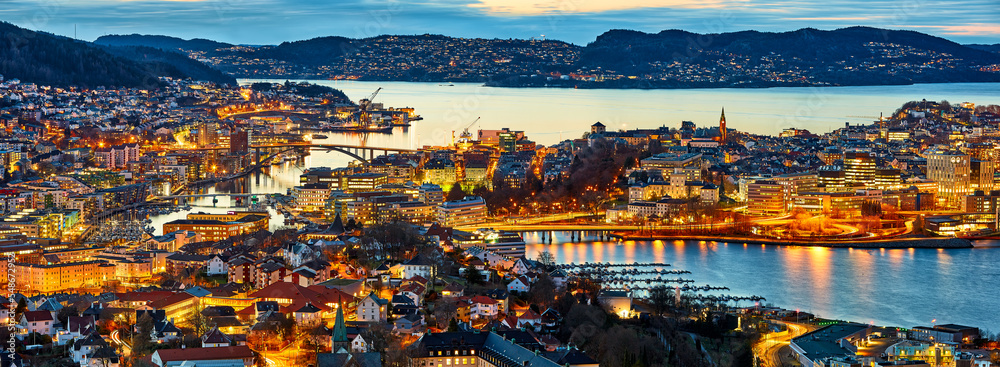Bergen city panorama at dusk, aerial view, Norway