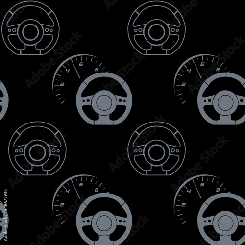 Steering wheel and speedometer of a racing car on a black background. Seamless texture.  (ID: 548672935)