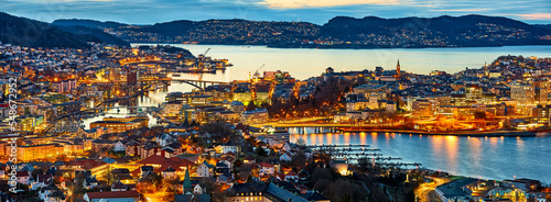 Bergen city panorama at dusk, aerial view, Norway